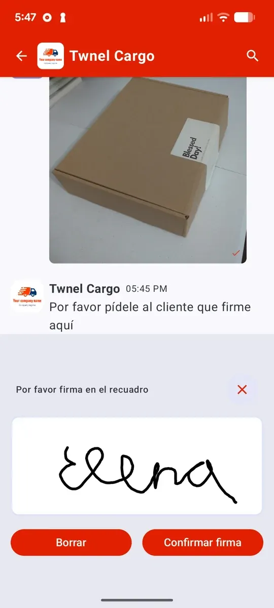 Twnel Messenger en un teléfono Android: el conductor toma la foto del paquete y el cliente firma la entrega en la pantalla